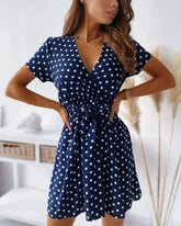 Casual Polka Dot Printed Short Sleeved V-neck Belt Commuting Holiday Party Dress