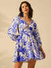Casual Printed V-neck Waist Short Skirt Lantern Sleeve Strap Mini Dress