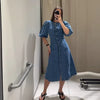 Casual Puff Short Sleeve O-neck Covered Button Fit A-line Midi Dress