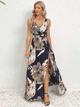 Casual Resort Style Printed V-Neck Sleeveless Belted High Slit Maxi Dress