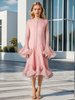 Casual Round Neck Button Flare Sleeves Ruffles Mid-calf