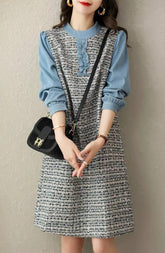 Casual Round Neck Lace Pleated Button Spliced Loose Mini Dress