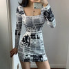 Casual Ruffle Square Collar Printed Medium Stretch Slim Fit Mini Dress