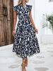 Casual Sashes Floral Print O-Neck Fly Sleeve Lace Up Midi Dresses