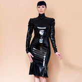 Casual Shiny Faux Leather Long Party Clubwear Plus Size Glossy PU Midi Dress