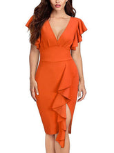 Casual Short Sleeves Cascading Ruffles V-Neck Slim Fit Sheath Bodycon Dresses