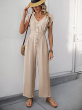 Casual Short Sleeves With Button-Down Front V-Neck Straight Jumpsuit