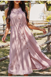 Casual Solid sleeveless O-neck high waist button dress