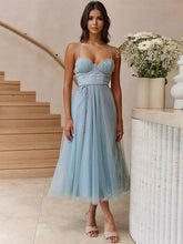 Casual Spaghetti Straps Shirred Lace-up Tulle Skirt Midi Dress