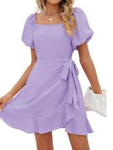 Casual Square Neck Ruffle Short Sleeve Loose Polyester Mini Dress