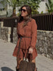 Casual Long Lantern Sleeve Lace Decorated Vertical Loose Fitted O-Neck Short Pleated Mini Dress