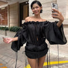Casual Strapless Hollow Backless Sheer Slash Neck Ruffles Super Mini Dress