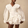 Casual V Neck Long Sleeves Patchwork Flower Solid Ruffle Folds Mini Dresses