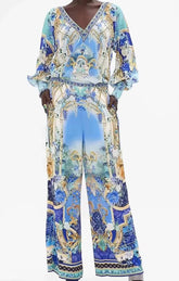 Casual V-neck Beaded Print Long-Sleeved Joker Coat High-Waist Wide-Leg 2 Piece Suit