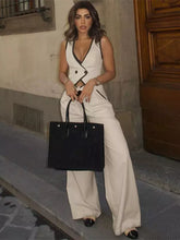 Casual V-neck Buttons Layered Vest And Wide-Leg Pants Two Piece Set