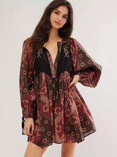 Casual V-neck Printed Over Sized Long Sleeve Lace up Mini Shift Dress