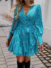 Casual V-neck Puff Sleeve Floral Print Ruffled A-line Mini Dress