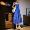 Casual Seersucker Sleeveless A-Line Strappy Beach Vacation Long Slip Dress