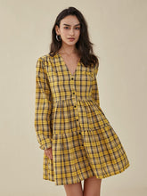 Check Print Button V-neck Long Sleeve Casual Dress