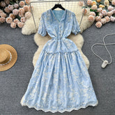 Chic Elegant Long Dress for Women Printed V-neck Puff Sleeve