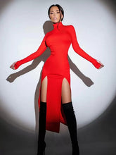Chic High Collar Split Front High-slit Bodycon Midi Dress