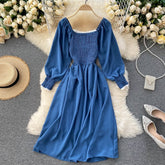 Chic Lace Square Collar Long Sleeve Solid A-line Elastic Ruched Streetwear Dress