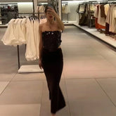 Chic Slash Neck Sleeveless Hollow Out Waist Solid Pullover Strapless Maxi Dresses