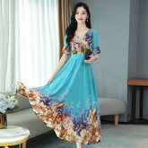 Chiffon Floral Print Elegant Big Swing Party Dress