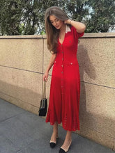 Cinched Hollowed Out V-Neck Bubble Sleeved Knitted Midi Dress