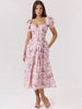Classic Aesthetic Print Puff Short Sleeve Square Neck A-line Draped Maxi Dress