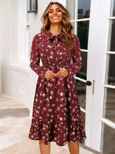 Classic Bows Floral Print Tie-Neck With Long Sleeve Midi Dress