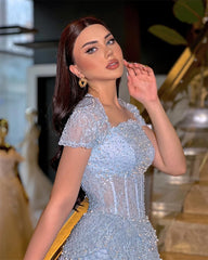 Classic Sequins Off The Shoulder Short Sleeve Lace Beading Evening Party Prom Maxi Dresses