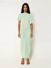 Classic Solid Slash Neck Shirring Short Sleeve Streetwear Bodycon Long Dress