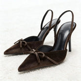 Coffee Velvet Butterfly Knot Decoration Pumps Pointed Toe Slingbacks High Heel