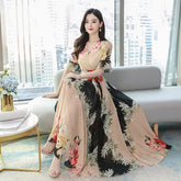 Collar Short Sleeve Flower Printed Chiffon Long Dress