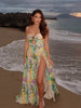 Colorful Metal Decals Backless Pleated Patchwork Hollow Side Slit Maxi Dress