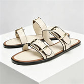 Comfortable Beige Soft Leather Flat Sandals Metal Buckle Designer Shoes
