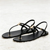 Concise Clip Toe Flat Sandals Ankle Strap Buckle Gladiator Sandals for Girl Luxury Metal Detail Beach Shoes