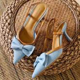 Denim Bow knot Sandals Pointed Toe Back Strap thin Heel
