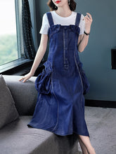 Denim Dress Pockets Loose Long Mid-Calf