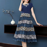 Denim Patchwork Short Sleeve Print Dresses Big Hem