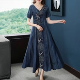 Denim V-neck Embroidery Dresses Beading Style