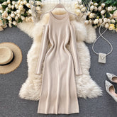 Design Off Shoulder Elastic Long Sleeve Solid Streetwear Warm Sweater Dresses