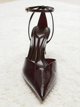 Designer Burgundy Red Ankle Strap Pumps Pointed-Toe Patent Leather High Heel