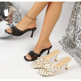 Designer Square Toe Polka Dot Slippers Satin Butterfly-knot Low Heel