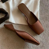 High Quality Silk Square Toe Mules Slipper Concise Low Heel