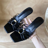 Metal Decoration Narrow Band Slippers Square Toe Thin Heel