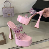 Flower PVC Transparent Square Toe Slippers Street High Heel