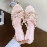 Satin Lace Narrow Band Slippers Elegant Thin Heel