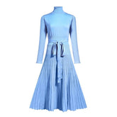 Elastic Pleated Knitted Long Sleeve Sweater Dress